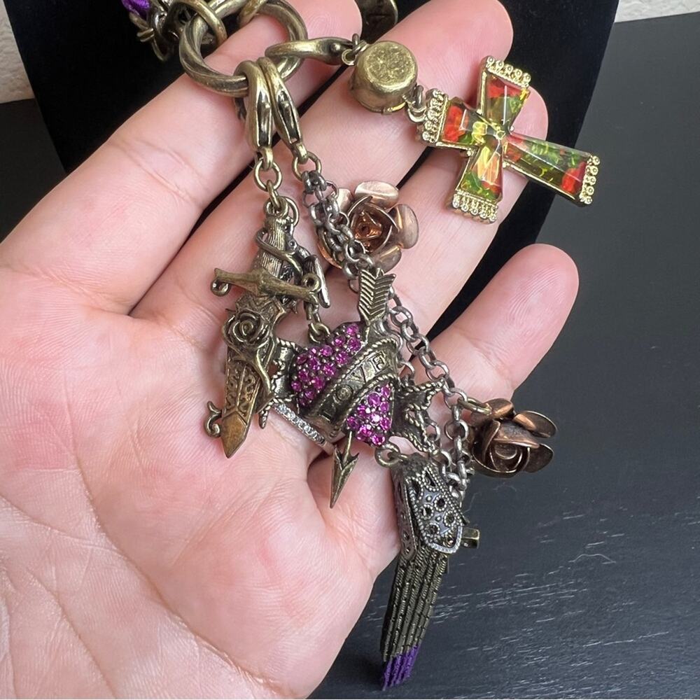 Betsey Johnson Purple Rhinestone Heart Knife CrossCharm Statement Chain Necklace - Picture 4 of 9